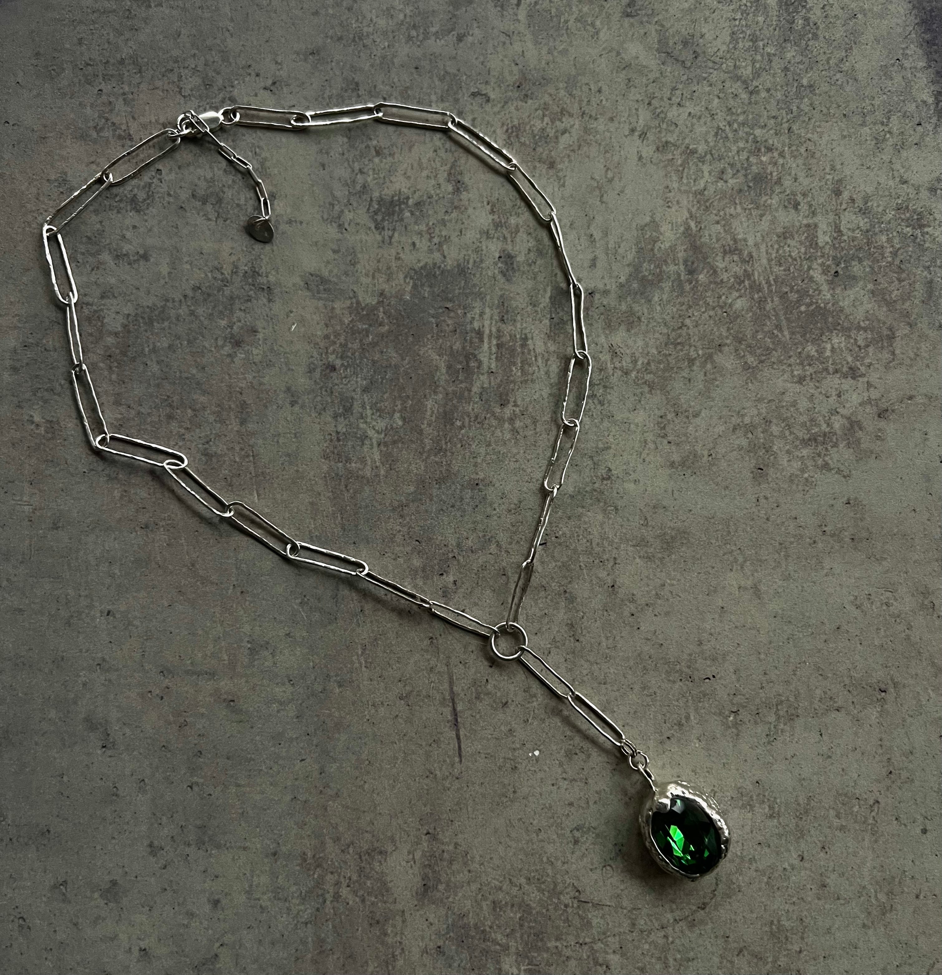 Silver Necklace with Green Swarovski Crystal